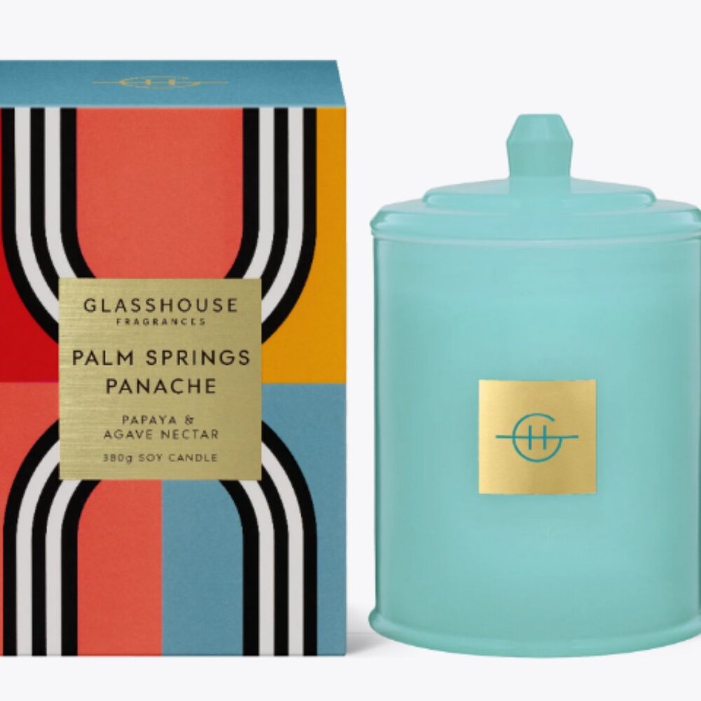 Glasshouse "Palm Springs Panache" soy candle, grapefruit coconut papaya musk